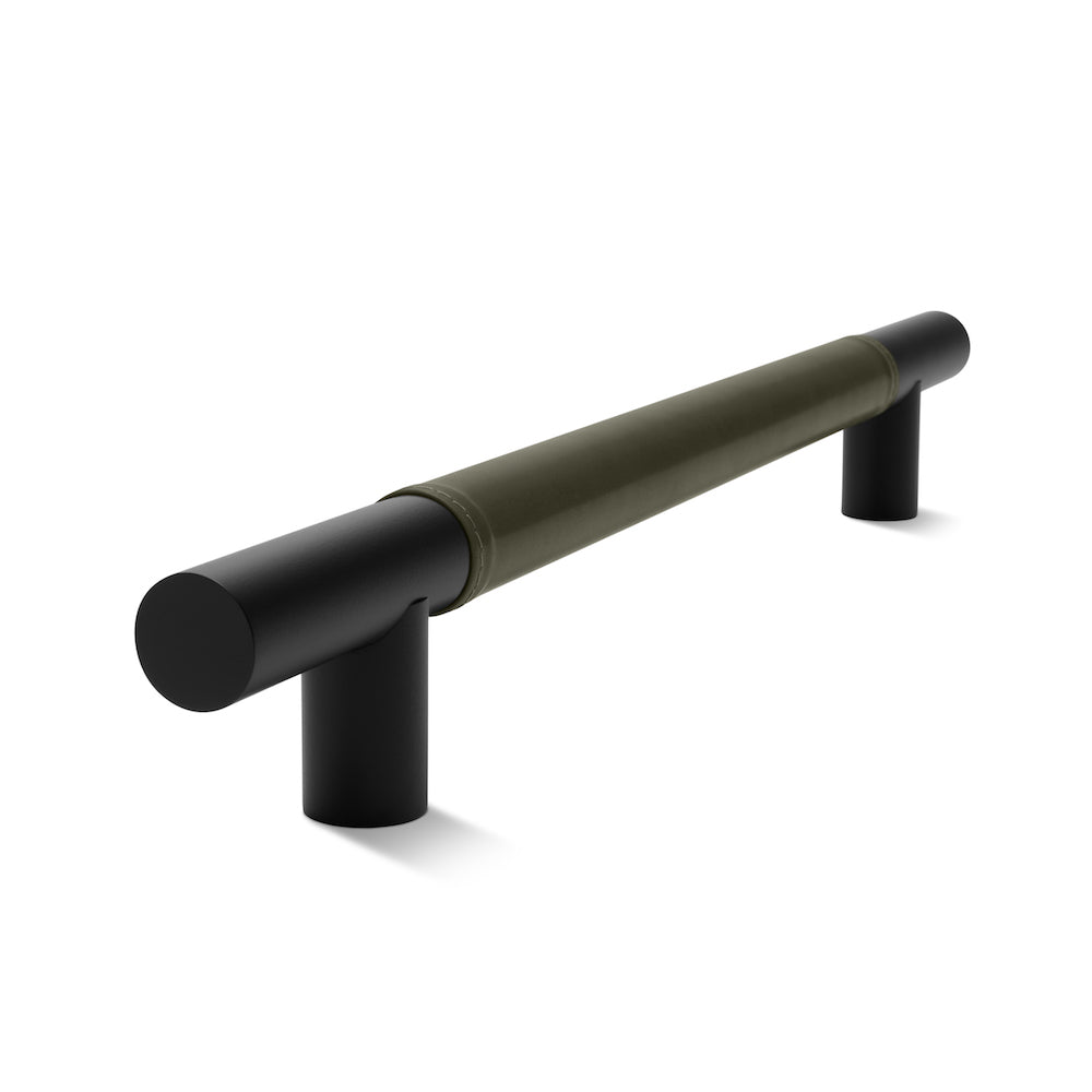 Metal Bar Door Handle | 600mm | Black Matt with Olive Leather Wrap | Single