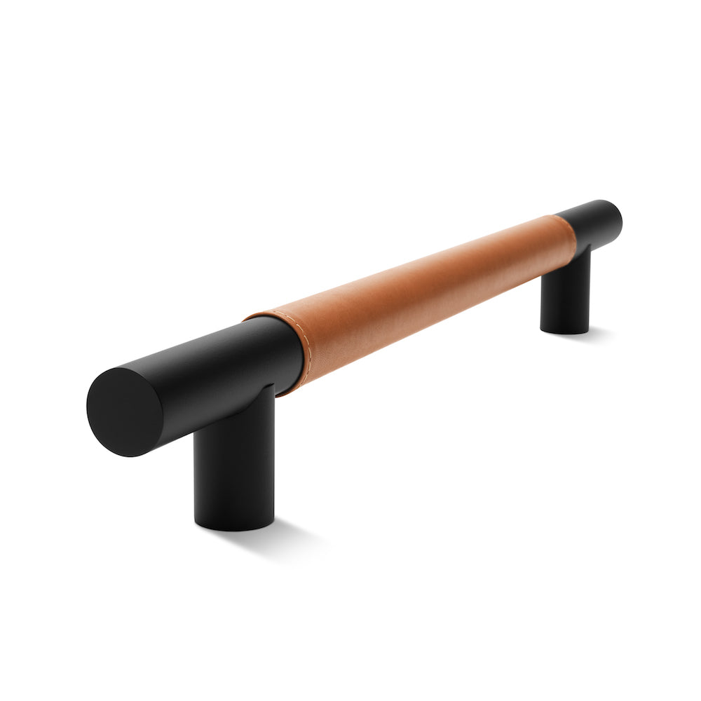 Metal Bar Door Handle | 600mm | Black Matt with Saddle Tan Leather Wrap | Single