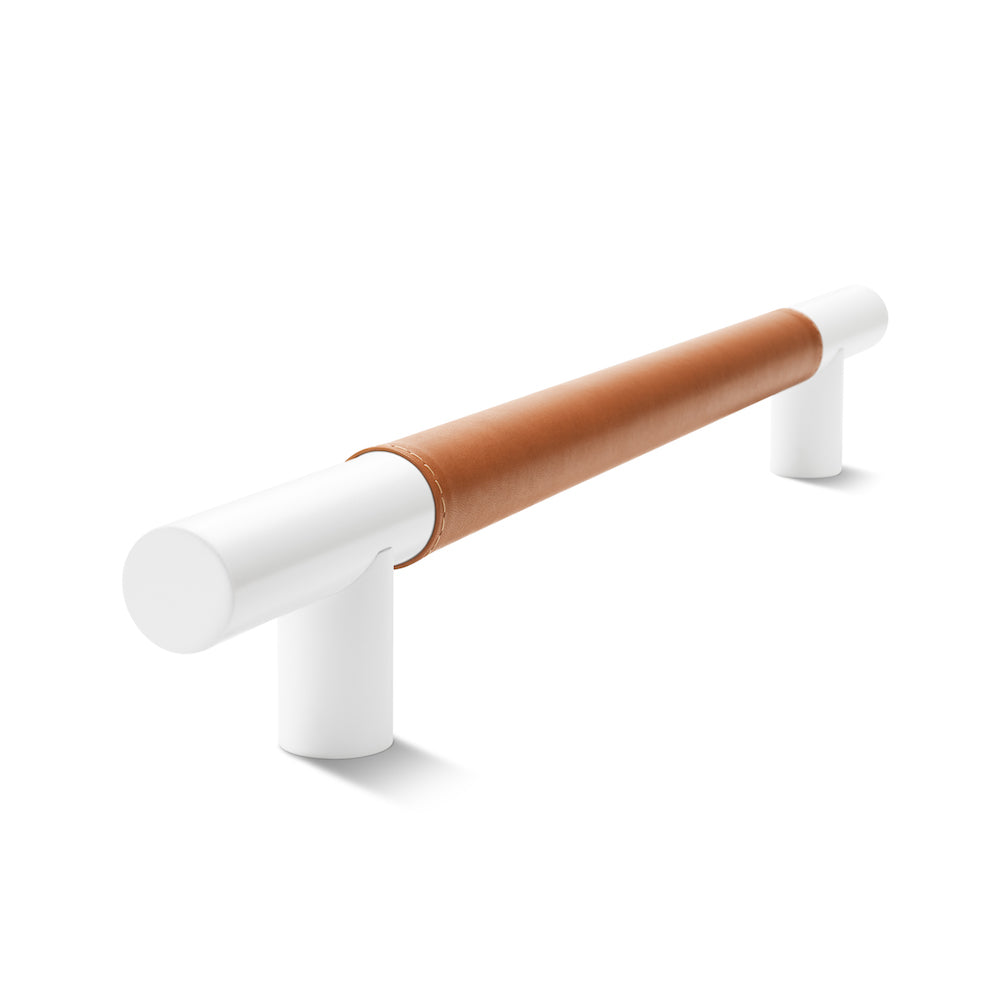 Metal Bar Door Handle | 600mm | White Satin with Saddle Tan Leather Wrap | Single