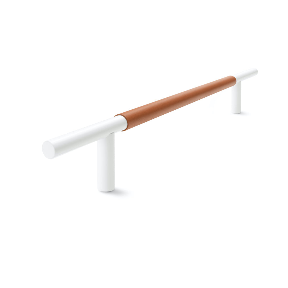 Slim Profile Door Handle | 400mm | White Satin with Saddle Tan Leather Wrap | Single